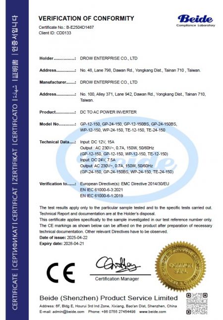 Beide Verification of Conformity for Drow DC to AC Power Inverter models GP-12-150, GP-24-150, WP-12-150, and TE-24-150 certified for EMC Directive 2014/30/EU