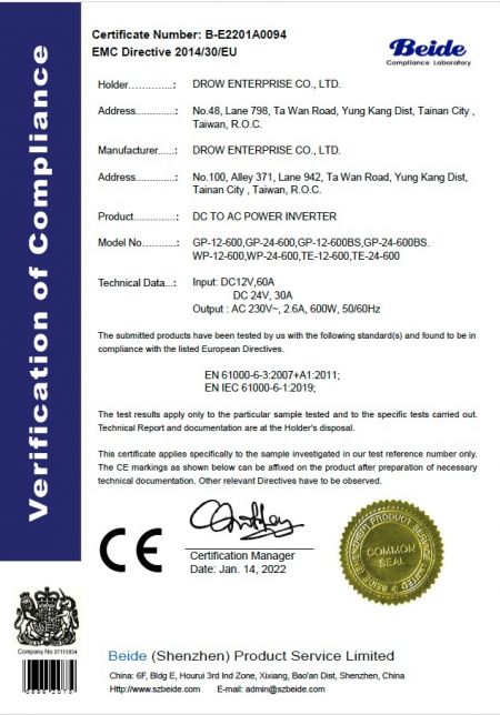 Certificat EMC 600W