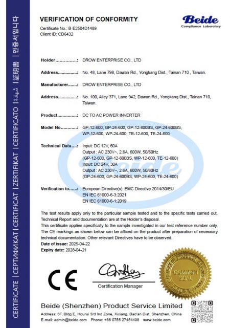 Beide Verification of Conformity for Drow DC to AC Power Inverter models GP-12-600, GP-24-600, WP-12-600, and TE-12-600 certified for EMC Directive 2014/30/EU
