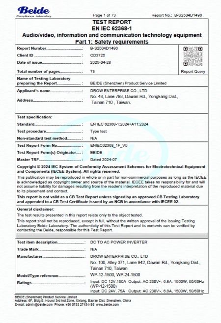 Beide EN IEC 62368-1 Safety Compliance Report for Drow Enterprise DC to AC inverter model WP-12-1500 and WP-24-1500 rated 1500W.