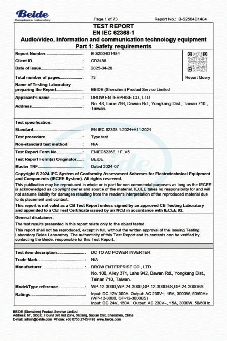Beide EN IEC 62368-1 Safety Compliance Report for Drow Enterprise DC to AC inverter model WP-12-3000 rated 3000W confirming 2025 certification.
