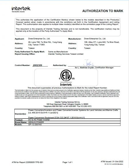 Intertek ETL Authorization to Mark for DROW DC to AC Power Inverter model GP-12-2001NS under GENIUS POWER brand, compliant with UL 458 and CSA C22.2 No.107 standards.
