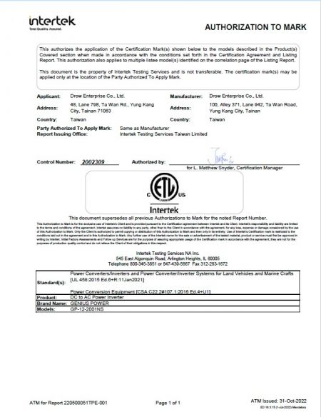 2000W ETL Certificate