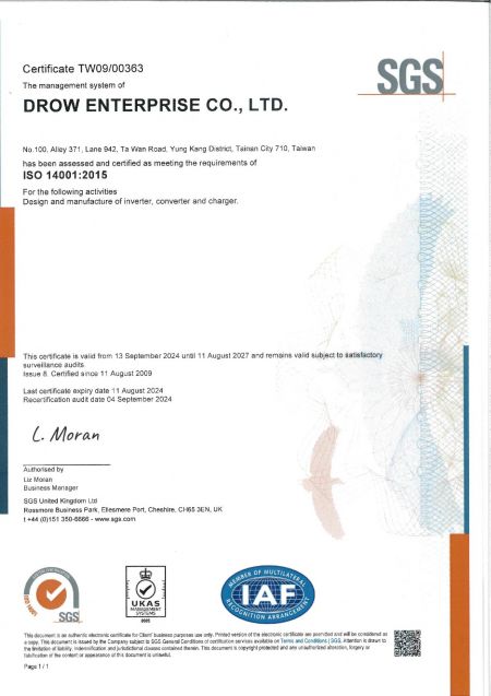 SGS ISO 14001:2015 Environmental Management Certificate for Drow covering design and manufacture of inverter, converter, and charger
