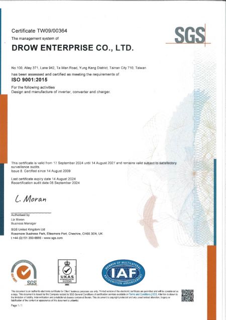 SGS ISO 9001:2015 Certificate for Drow covering design and manufacture of inverter, converter, and charger