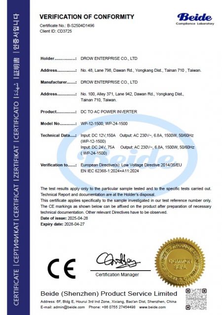 Beide Verification of Conformity for Drow DC to AC Power Inverter models WP-12-1500 and WP-24-1500 certified under Low Voltage Directive 2014/35/EU EN IEC 62368-1:2024+A11:2024