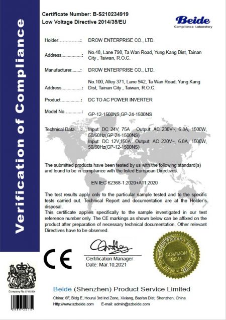Beide Low Voltage Directive 2014/35/EU Certificate for Drow DC to AC Power Inverter models GP-12-1500NS and GP-24-1500NS compliant with EN IEC 62368-1:2020+A11:2020
