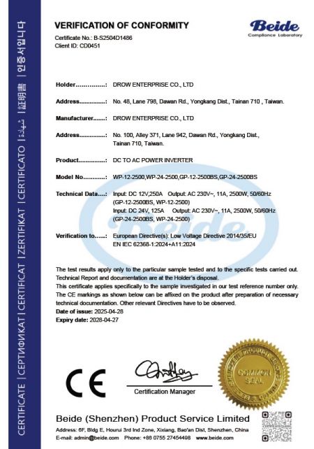 Beide Low Voltage Directive 2014/35/EU Certificate for Drow DC to AC Power Inverter models WP-12-2500, WP-24-2500, GP-12-2500BS, and GP-24-2500BS compliant with EN IEC 62368-1:2024+A11:2024