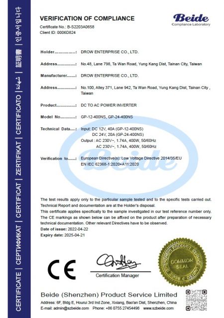 "Beide Verification of Compliance for Drow DC to AC Power Inverter models GP-12-400NS and GP-24-400NS compliant with Low Voltage Directive 2014/35/EU