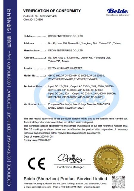 Beide Verification of Conformity for Drow DC to AC Power Inverter models GP-12-600, GP-24-600, WP-12-600, and TE-24-600 meeting EN IEC 62368-1:2024+A11:2024
