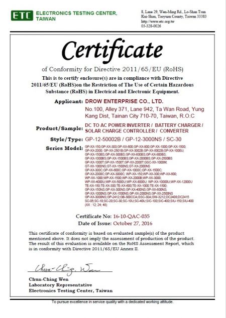 RoHS Certificate of Conformity for DROW DC to AC Power Inverter, Battery Charger, and Solar Charge Controller models GP-12-5000ZB, GP-12-3000NS, and SC-30 issued by Electronics Testing Center Taiwan,