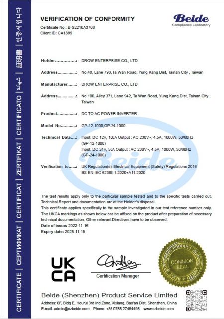 UKCA Certificate of Conformity for DROW DC to AC Power Inverter models GP-12-1000, GP-24-1000 under Electrical Equipment Safety Regulations 2016 issued by Beide Compliance Laborator.