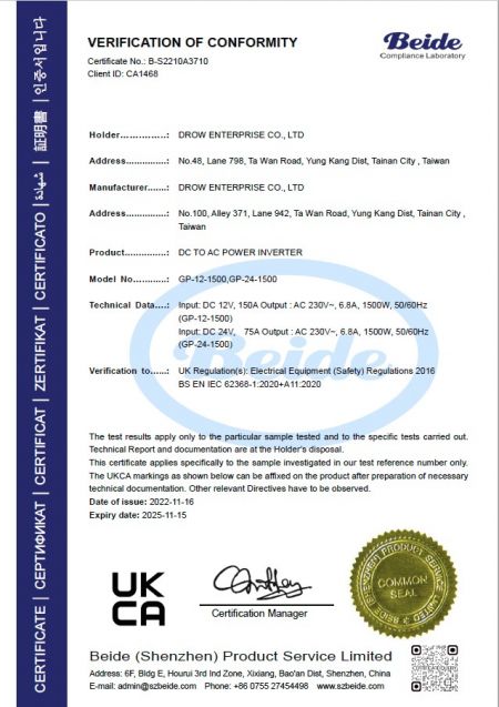 UKCA Certificate of Conformity for DROW DC to AC Power Inverter models GP-12-1500, GP-24-1500 under Electrical Equipment Safety Regulations 2016 issued by Beide Compliance Laboratory.