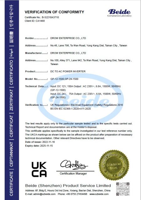 Certificat UKCA 1500W