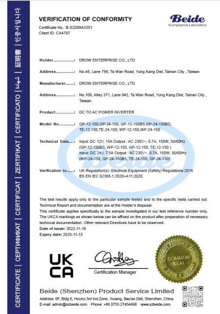 UKCA Certificate of Conformity for DROW DC to AC Power Inverter models GP-12-150, GP-24-150, GP-12-150BS, GP-24-150BS under Electrical Equipment Safety Regulations 2016 issued by Beide