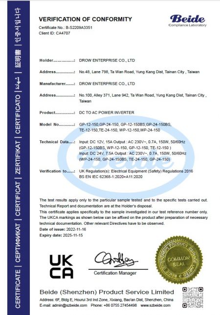 Certificat UKCA 150W