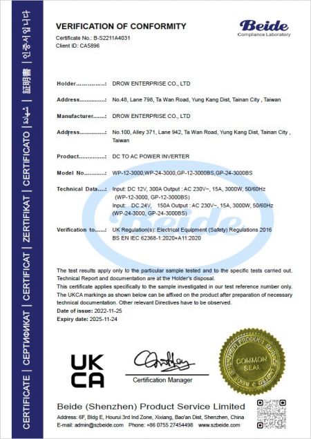 UKCA Certificate of Conformity for DROW DC to AC Power Inverter models WP-12-3000, WP-24-3000, GP-12-3000BS, GP-24-3000BS under Electrical Equipment Safety Regulations 2016 issued by Beide.
