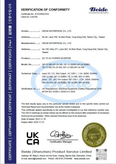 UKCA Certificate of Conformity for DROW DC to AC Power Inverter models GP-12-300, GP-24-300, GP-12-300BS, GP-24-300BS under Electrical Equipment Safety Regulations 2016 issued by Beide.