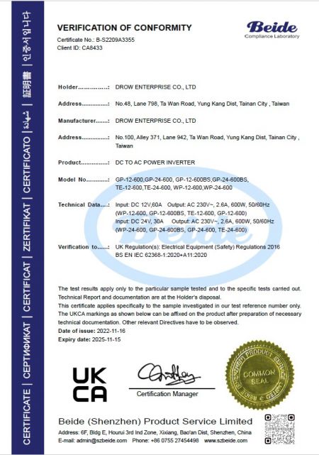 UKCA Certificate of Conformity for DROW DC to AC Power Inverter models GP-12-600, GP-24-600, GP-12-600BS, GP-24-600BS under Electrical Equipment Safety Regulations 2016 issued by Beide.