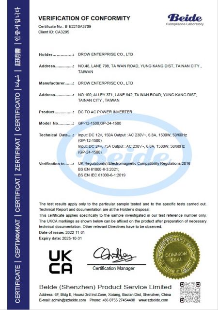 UKCA Certificate of Conformity for DROW DC to AC Power Inverter models GP-12-1500, GP-24-1500 issued by Beide under Electromagnetic Compatibility Regulations 2016