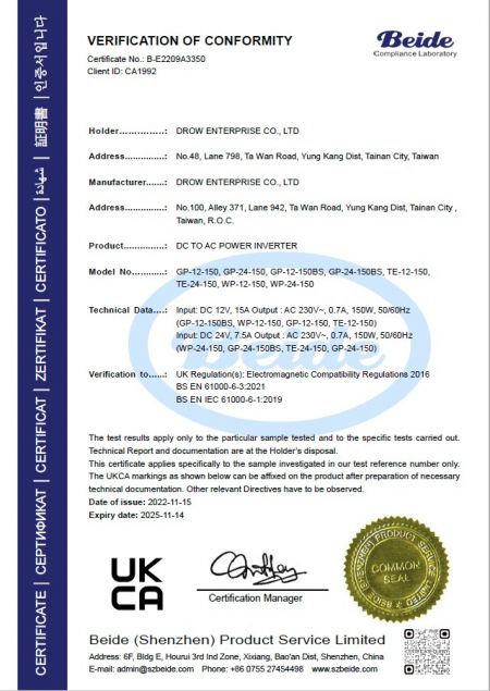 UKCA Certificate of Conformity for DROW DC to AC Power Inverter models GP-12-150, GP-24-150, GP-12-150BS, GP-24-150BS under Electromagnetic Compatibility Regulations 2016