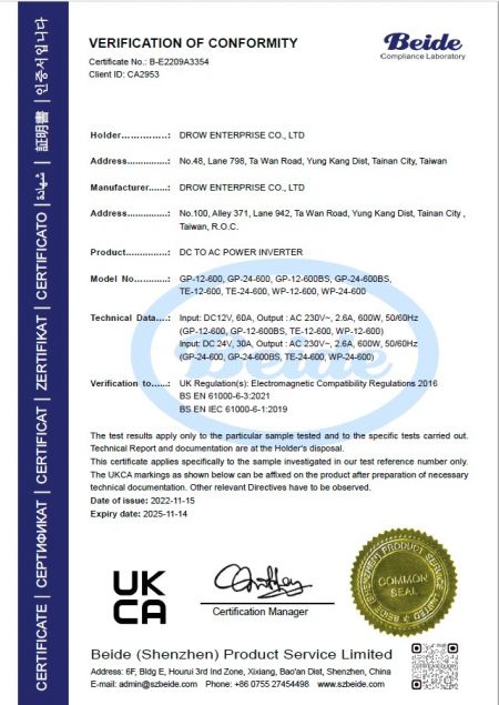UKCA Certificate of Conformity for DROW DC to AC Power Inverter models GP-12-300, GP-24-300, GP-12-300BS, GP-24-300BS under Electrical Equipment Safety Regulations 2016 issued by Beide.