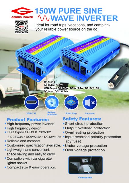 Genius power GP-151NS 150W Inverter Gelombang Sinus Murni dengan dua port USB-C PD3.0, dilengkapi dengan perlindungan multi untuk perjalanan darat dan berkemah.