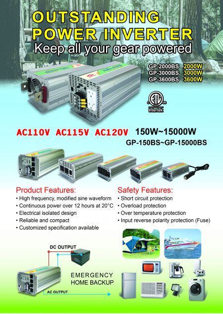 Inverter a onda sinusoidale modificata da 150W a 15000W specifiche complete di Genius power. Dati dettagliati per la serie GP con ingresso DC 12V/24V/48V, efficienza del 90% e prese AC nordamericane.