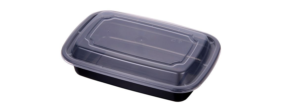 Caja de almuerzo rectangular de 28 oz apta para microondas - Recipiente de alimentos reciclable negro de 28 oz
