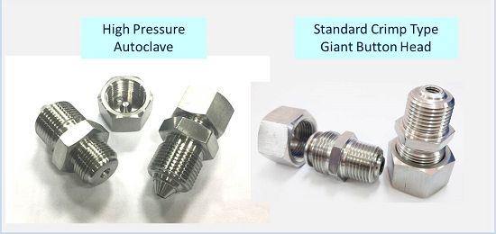 2. High Pressure Grease Fittings with Vented Cap - For applications which require higher pressure class up to 20,000psi, we have autoclave type which is in 1-1/8” UNF thread for the connecting end.  Below image shows the difference: