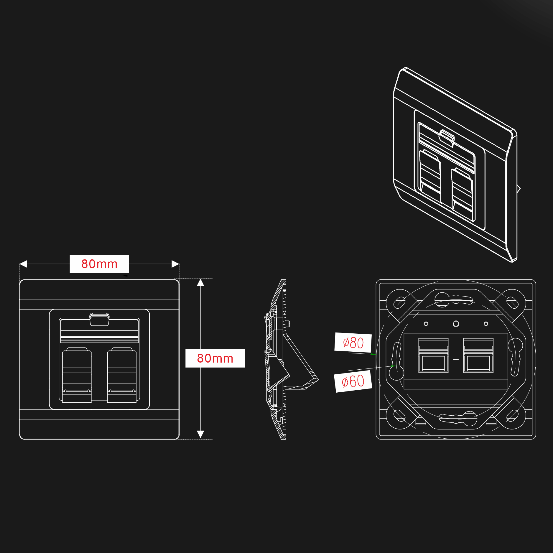 Shuttered 45° Angled 2-Port w/Die-Cast Bracket, 80x80mm