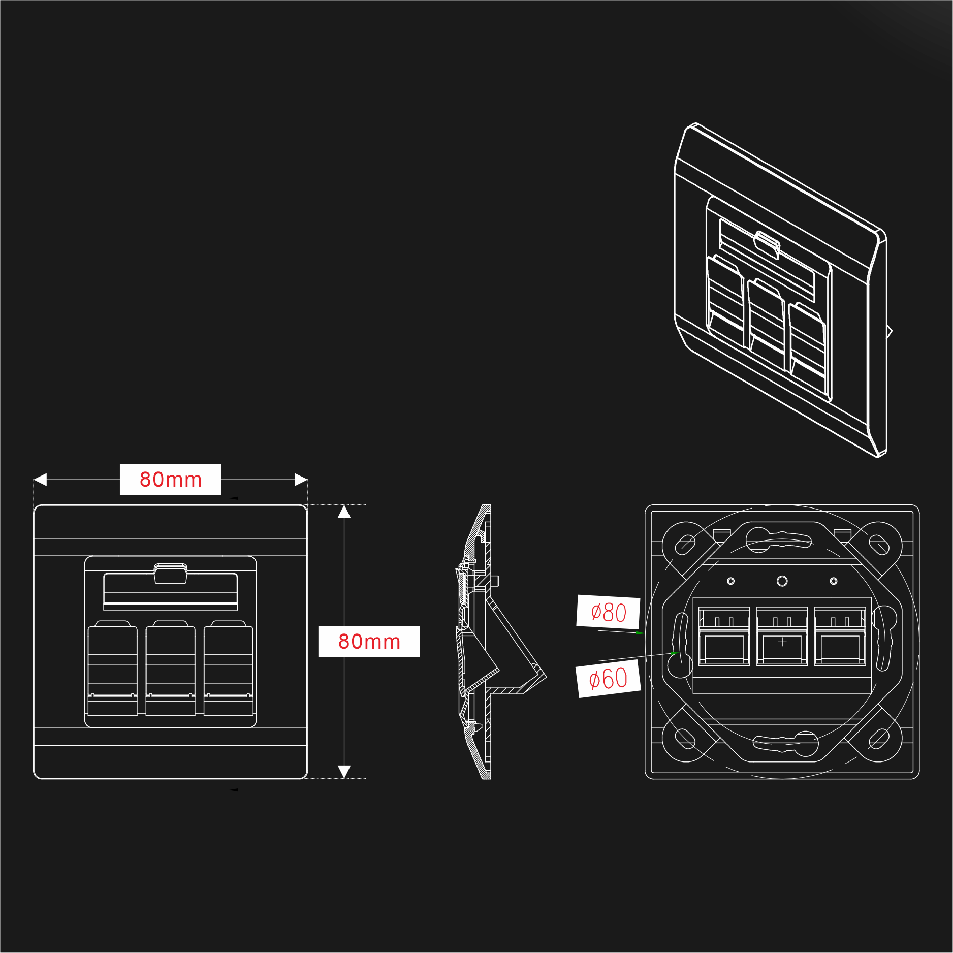Shuttered 45° Angled 3-Port w/Die-Cast Bracket, 80x80mm