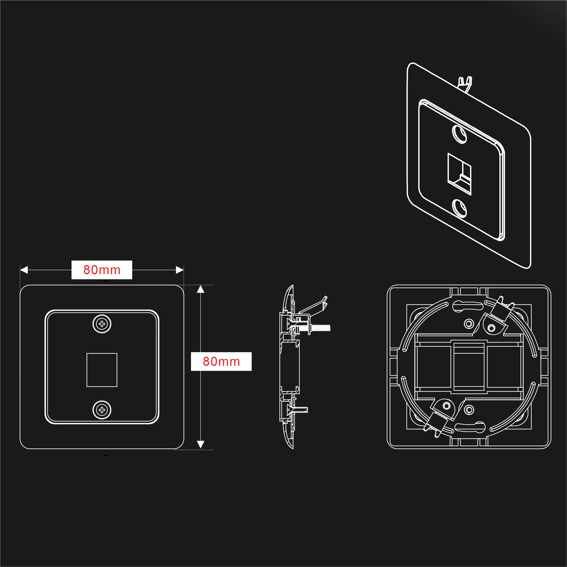 Continental Wallplate 1-Port w/Metal Bracket, 80x80mm