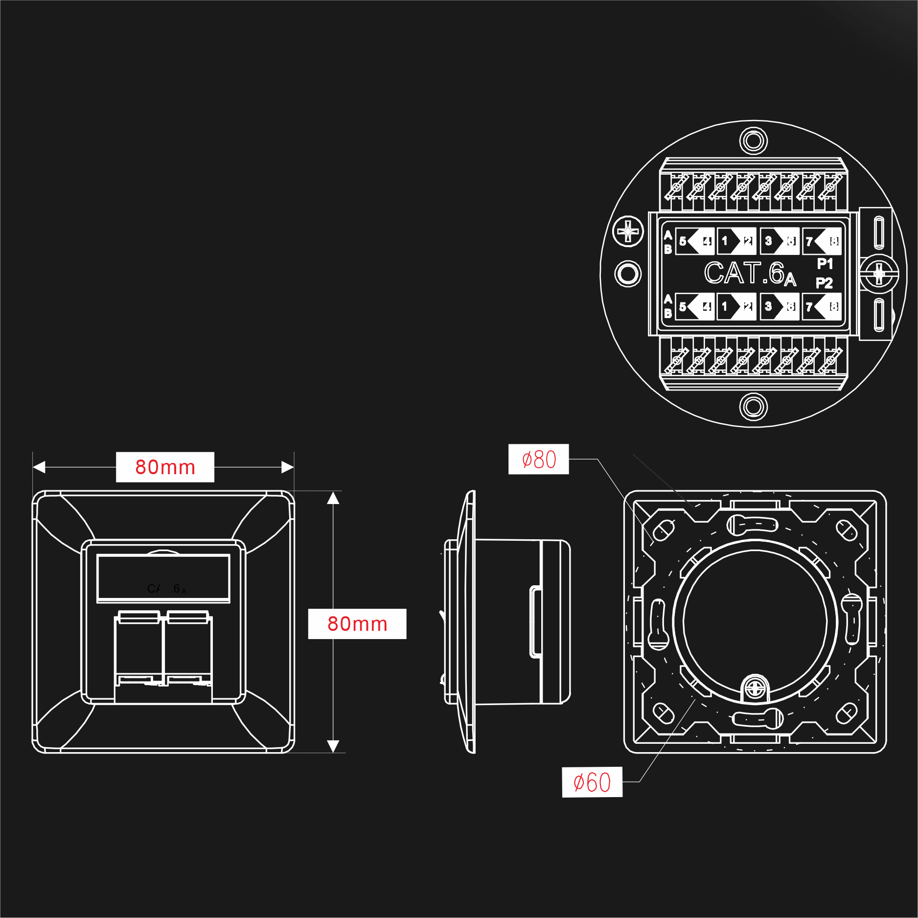 Cat 6A Shuttered 2-Port w/Die-Cast Bracket, 80x80mm
