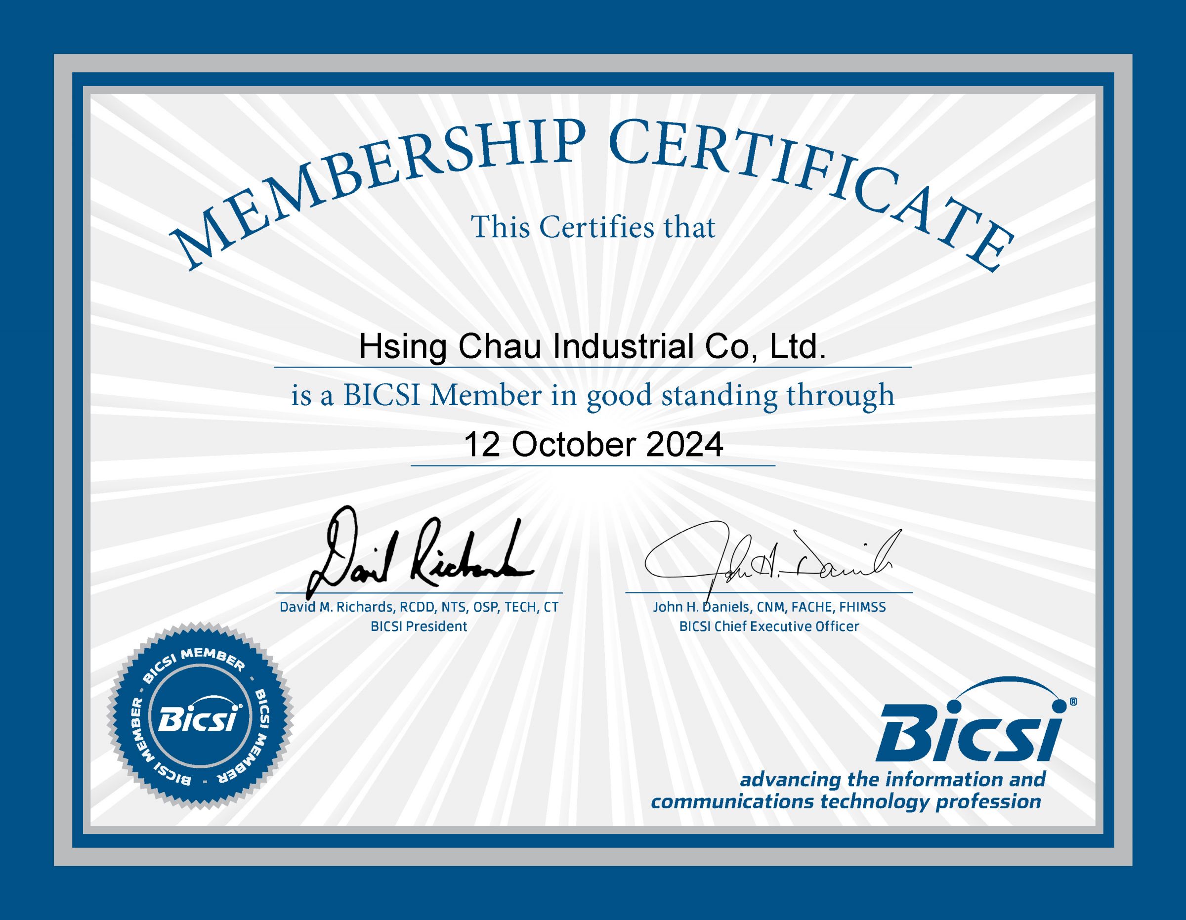 HCI se une a BICSI como miembro corporativo - Certificado de Membresía Corporativa de HCI en BICSI