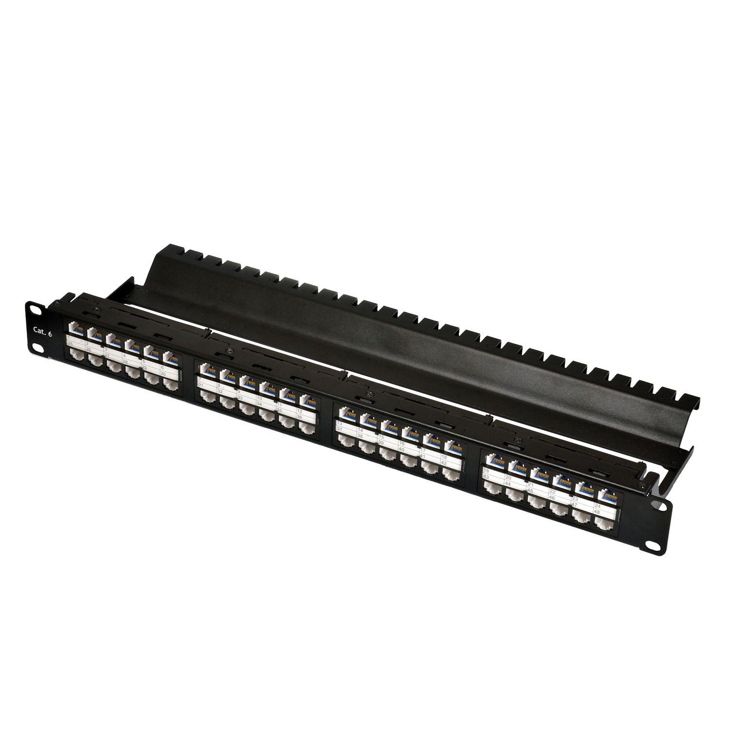 Unshielded Super Cat 6 48 port-1U feed-through panel with built-in wire management