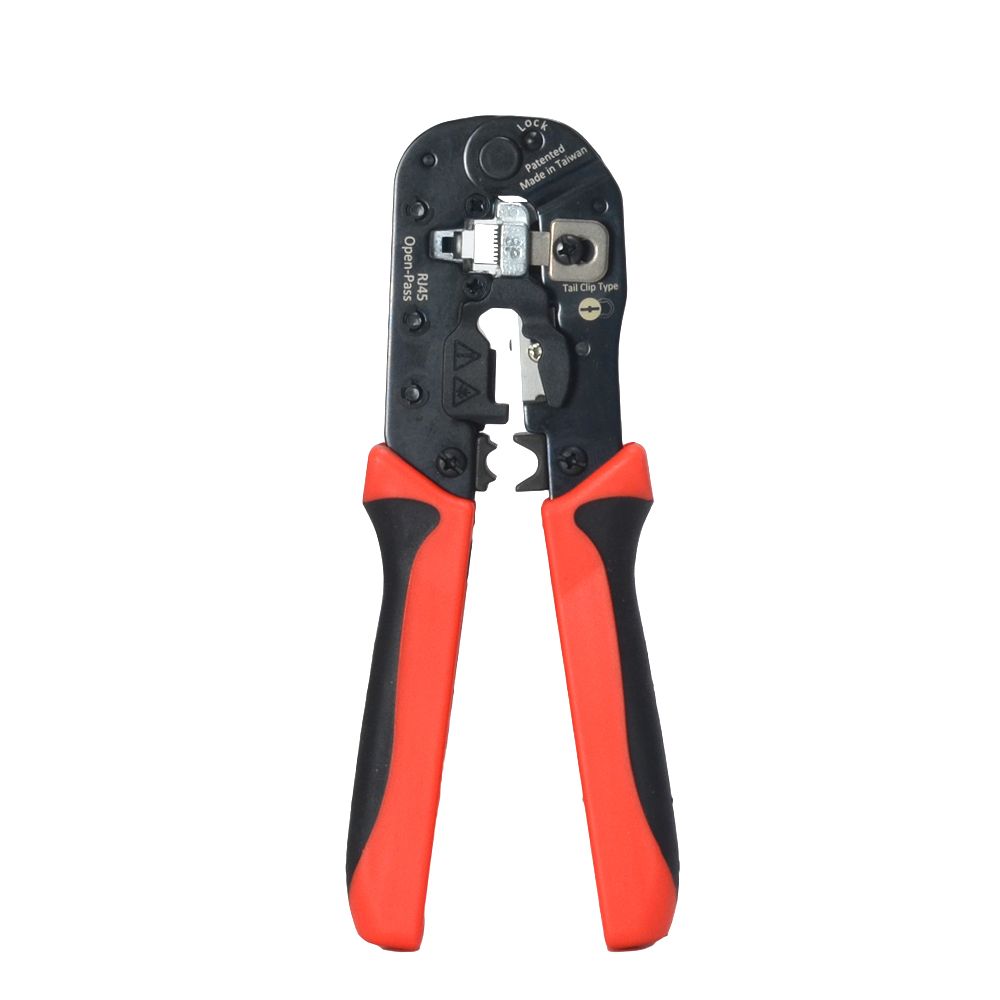RJ45 Pass Through Plug Crimper with Strip/Cut/Ground Crimp
