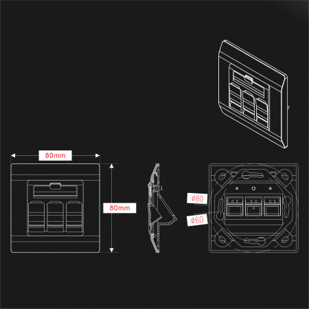 45° 3-Port - Shuttered 45° Angled 3-Port w/Die-Cast Bracket, 80x80mm
