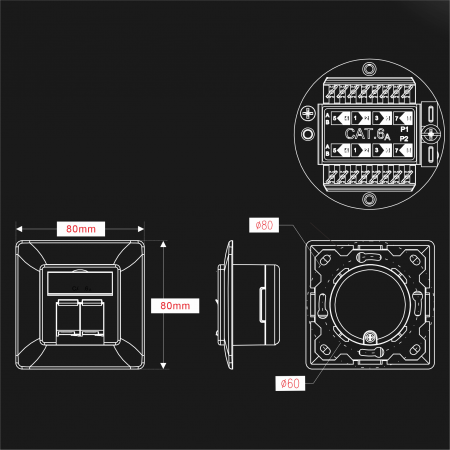 Cat 6A 45° 2-Port - Cat 6A Shuttered 2-Port w/Die-Cast Bracket, 80x80mm