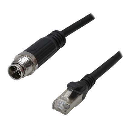 M12 Male 180° to - Industrial Waterproof Cat6A S/FTP 26AWG Ethernet Cable, M12-M (IP67) 180° to RJ45-M (IP20) 180°