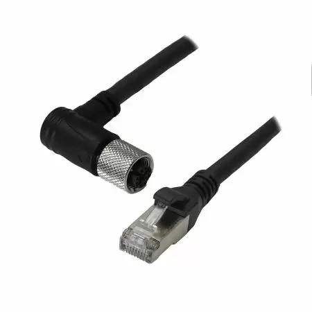 M12 Female 90° to - Industrial Waterproof Cat6A S/FTP 26AWG Ethernet Cable, M12-F (IP67) 90° to RJ45-M (IP20) 180°