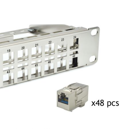 Category 6A - Shielded Cat 6A 48 port-1U feed-through panel
with wire management, loaded with KICS