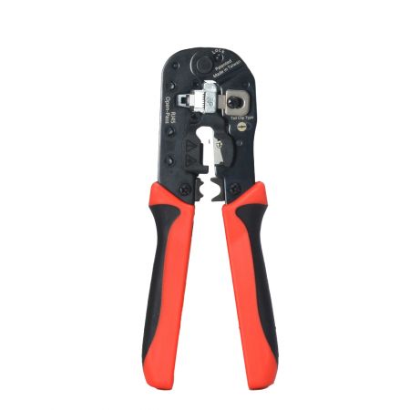 ←Crimp/Thru - RJ45 Pass Through Plug Crimper with Strip/Cut/Ground Crimp