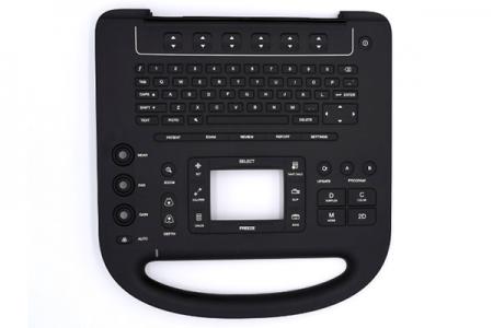Teclado de Silicone Médico - Teclados de silicone médico com dimensões de até 350x300mm, perfeitamente colados a materiais metálicos ou plásticos, com uma superfície superbamente trabalhada, revestida com spray e gravada a laser, que permite que as teclas de função sejam transparentes à luz.