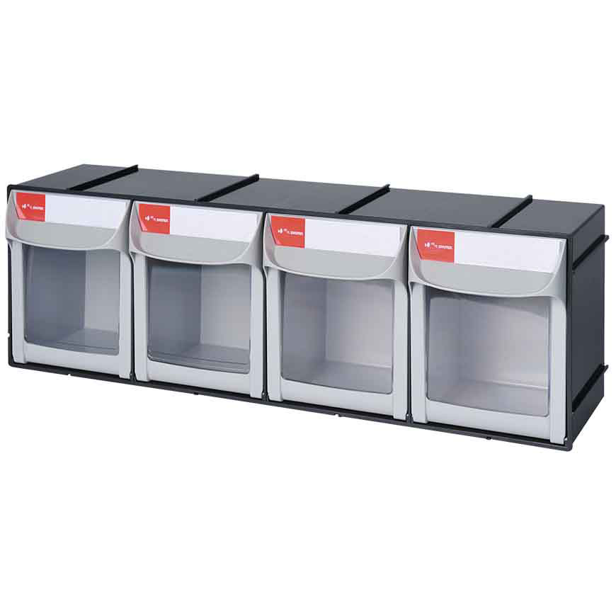 Contenedor abatible con 4 compartimentos para almacenamiento de piezas -  Gabinete de plástico con 4 cajones, Fabricante de sistemas personalizados  de organización de garajes