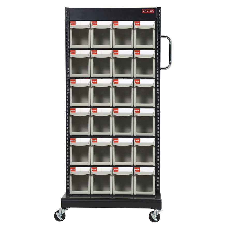 小物部品の保管を簡単にするモバイルフリップアウトビンラック。