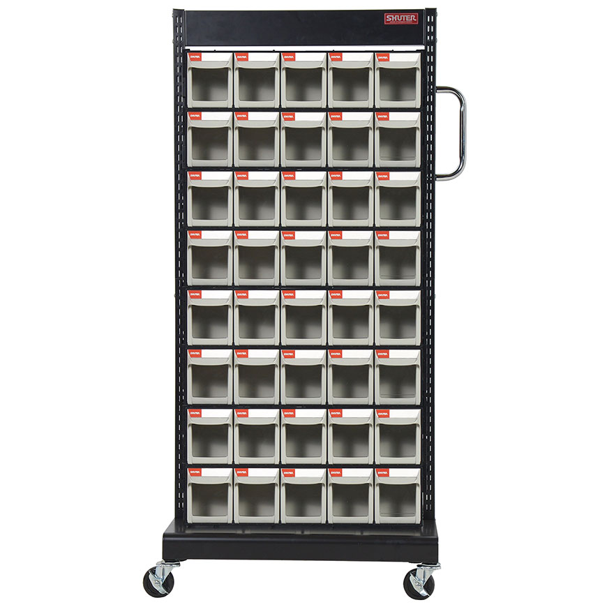 Double-Sided Mobile Stand on Casters with 16 Sets of 5 Flip Out Bin Drawers  - Double-Sided Mobile Stand on Casters with 16 Sets of 5 Flip Out Bin  Drawers