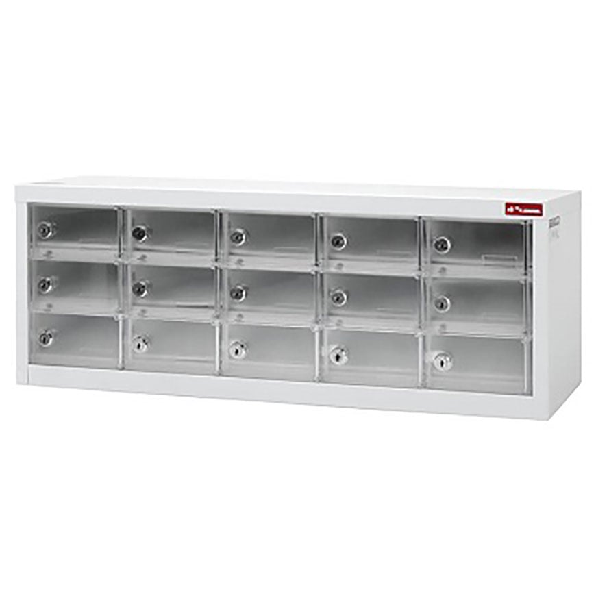 Tủ Locker Kim Loại dành cho Điện Thoại Di Động và Thiết Bị Kỹ Thuật Số - 15 Cửa Trong Suốt trong 5 Cột