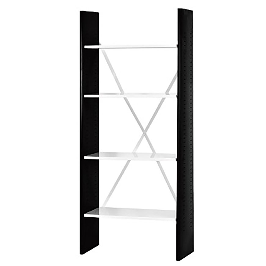 अतिरिक्त स्थिरता के लिए क्रॉस-बैक ब्रेसिंग के साथ स्टेप-स्टाइल में घर या कार्यालय बुकशेल्फ।