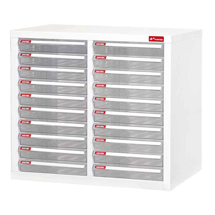 Sistema di archiviazione file A4 con cassetti in plastica in un'organizzazione a più strati, tutti situati in un mobile metallico a faccia aperta.